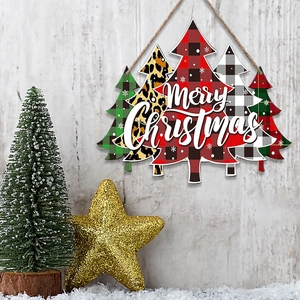 Christmas Door Hanging Sign Wooden Merry Christmas Tree Plaid Leopard Print Festive Home Wall Decor