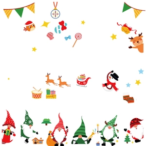 Christmas window decals set featuring Santa Claus, reindeer and gnomes for shop decor