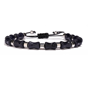 Bracelet en perles de grès bleu avec charmes en bambou et cordon tressé réglable