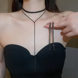 Rhinestone Schmuck Halskette Und Ohrringe Für Damen Doppellagig Kupfer Y-Form Quaste Choker Party Bankett Luxus