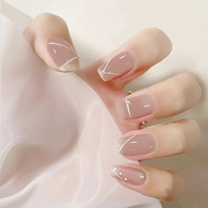 Künstliche Nägel Zum Aufkleben Mit Künstliche Perlendekor Und Weißen Linien Elegantes Gelee Nude Rosa Quadratisch Rund Form Für Frauen