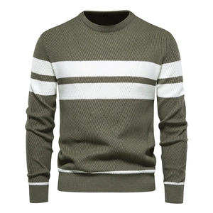 Army green and white striped men's crewneck knit sweater in casual long sleeve style