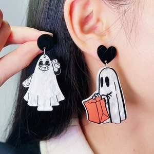 Asymmetric Halloween ghost acrylic drop earrings featuring heart and round studs