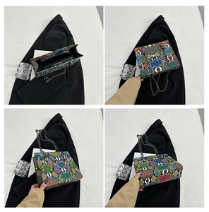 Detailed views of multi-color snakeskin patchwork bag with metal chain strap