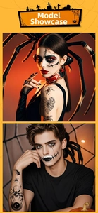 Detail of 3D realistic spider and skull temporary tattoo stickers for Halloween parties