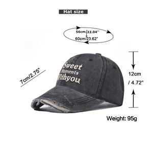 Size chart for washed baseball cap showing 56-60cm circumference and 7cm brim details