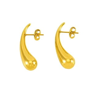 Macro detail of teardrop stud earrings with polished gold finish and butterfly backs
