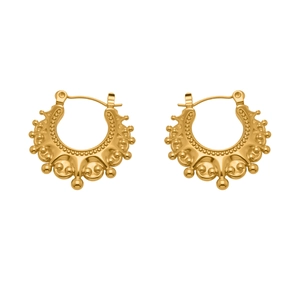 Bohemian gold plated stainless steel hoop earrings with ornate gear relief pattern
