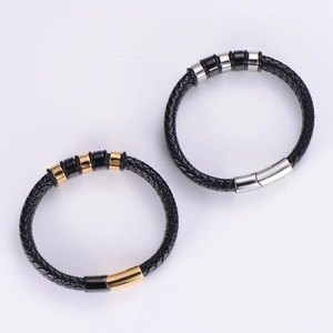 Braided black PU leather bracelets with 18k gold and silver magnetic metal clasps
