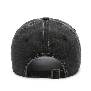Rear view of washed black denim baseball cap with contrast stitching and metal buckle