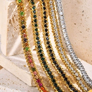 Stainless Steel 18K Gold Plated Triple Row Cubic Zirconia Bead Chain Bracelet For Women Adjustable Fashion Jewelry