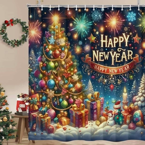 Close-up of waterproof Christmas shower curtain with festive snowman and tree prints