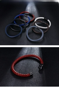 Macro detail of multicolored braided leather bracelets with matte black metal clasp and textures