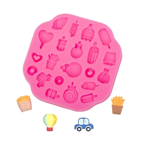 Pink silicone mold with 20 shapes including fries, donuts and car for cake decorating