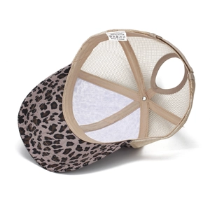 Detail view of leopard print baseball cap featuring mesh back and ponytail hole