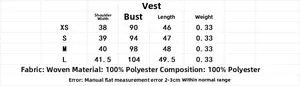 Detailed size chart for faux fur vest showing shoulder, chest and length measurements