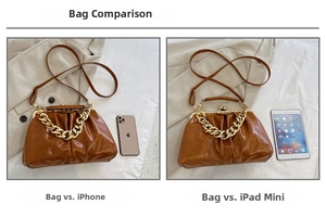 Brown pleated kiss-lock bag size comparison with smartphone and tablet devices