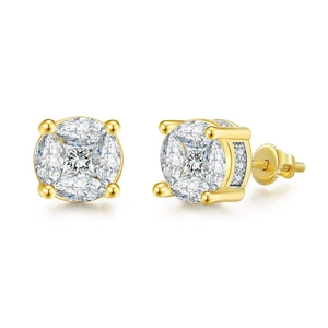 Close-up of 18K gold hip hop earrings with micropave zircons and screw back detail
