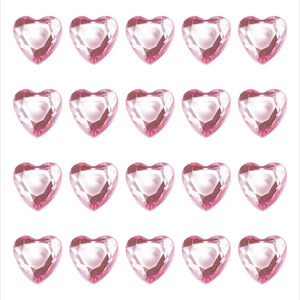 Macro detail of 20 pink heart-shaped acrylic rhinestones in a 4x5 grid layout