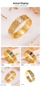 Detail of 18K gold plated honeycomb bangle featuring rectangle stone inlay and zircon border