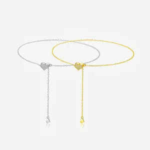 Minimalist 925 Sterling Silver Heart Pendant Bracelet For Women Adjustable Pull-Chain Design Rhinestone Inlaid Fashion Jewelry Gift