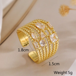 Detail view of 18K gold plated ring with dimensions 1.8cm by 1.5cm and 5g weight
