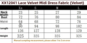 Detailed size guide for the lace velvet midi dress including bust and waist measurements