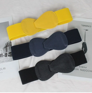 Three-piece wide elastic belt set for women in yellow, navy, and black with faux leather buckles