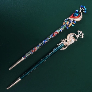 Vintage peacock crystal hair sticks with cloisonne enamel in gold and bronze finish