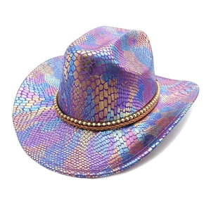 Chapeau De Cowboy Occidental Texture Peau De Serpent Métallique Irisée Bande De Perles Tressée Large Bord Fête Festival