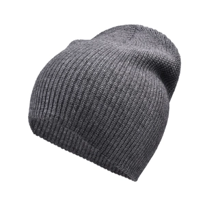 Detail view of dark grey rib-knit beanie showing thick warm texture and elastic weave