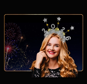 Close-up of 2026 New Year headband with silver glitter numbers and stars on a model