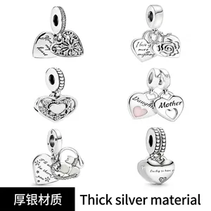 Double Heart Dangle Charm Beads Cupronickel Silver Tone Cat Snowflake Engraved Pendant Jewelry Accessories For Bracelet
