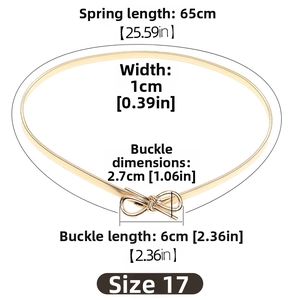 Detailed size specifications for a gold spring waist belt with a bow buckle design