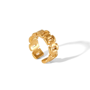 Close-up of industrial style 18K gold-plated stainless steel chain link adjustable ring