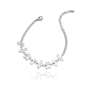 Silver musical note charm bracelet in stainless steel with treble clef icons