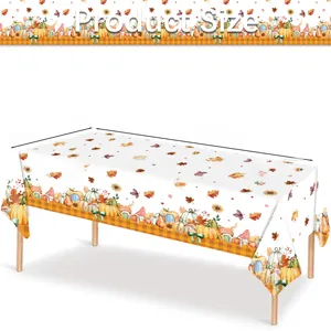 Detail view of 137x274cm Thanksgiving tablecloth with maple leaves and pumpkin patterns