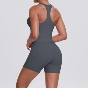 Back view of dark grey racerback sports bra and high-waisted shorts set for yoga
