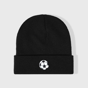 Classic black knitted beanie hat with high-quality white football embroidery on the cuff