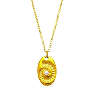 Collier en acier titane doré avec pendentif ovale en spirale et détail perle
