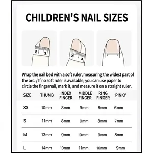 Size chart for children's press-on nails showing measurements from XS to L in millimeters