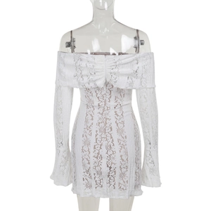 Detailed view of white off-shoulder lace mini dress with elegant flared sleeves