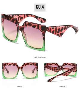 Detailed multi-angle views of square leopard sunglasses with pink-green gradient lenses
