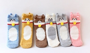 Set of six colorful coral fleece socks with 3D cat ears and cute embroidered faces
