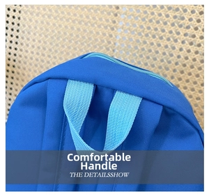 Close-up of blue ergonomic school bag featuring a soft carrying handle and durable zipper