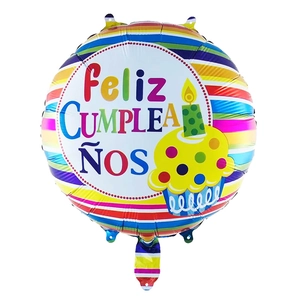 18-inch round rainbow striped foil balloon with Feliz Cumpleaños Spanish birthday greeting