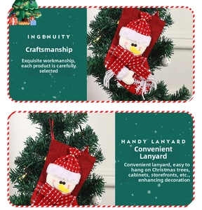 Detail of Christmas stocking hanging loop with a cute snowman decoration on red burlap