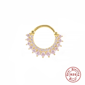 Detailed view of S925 sterling silver gold nose ring with double-row pink gemstones
