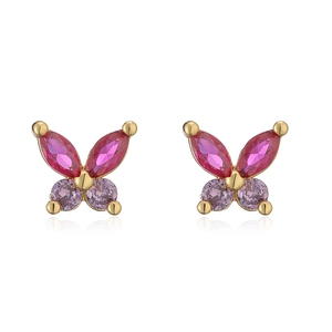 Detail of gold butterfly earrings with magenta marquise and light purple round crystals