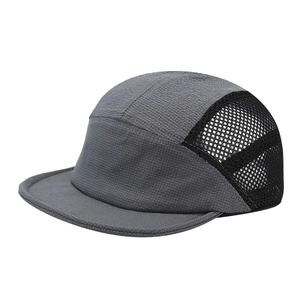 Dark grey five-panel breathable mesh camping cap with soft short brim for men